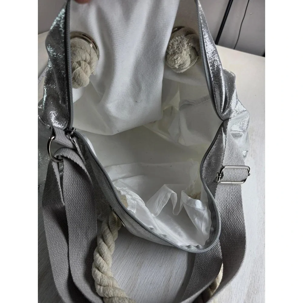 Metallic Silver Duffle Bag Y2K Rope Handle Crossbody Nautical Festival Boho